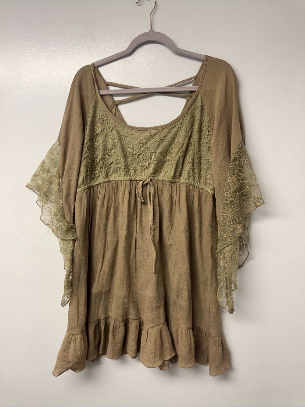 Rebellion Again Taupe Lace Bell Sleeve Babydoll Mini Dress M Western Boho C5 - Picture 2 of 10
